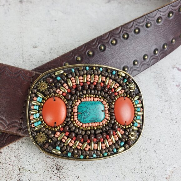 Vintage Lucky Brand Leather Belt Brown Studded Bohemian Beaded Buckle Western L main image 9